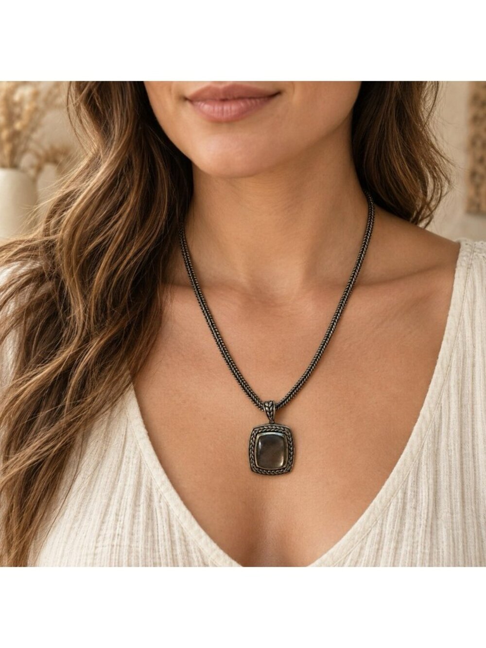 925 Sterling Silver Labradorite Pendant Necklace Heavy Wheat Chain 17g